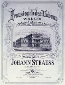 ヨハンシュトラウスザヤンガーのワルツであるフロイテウシュデレーベンの広告ポスターが1870年に創設されたボールで紹介される